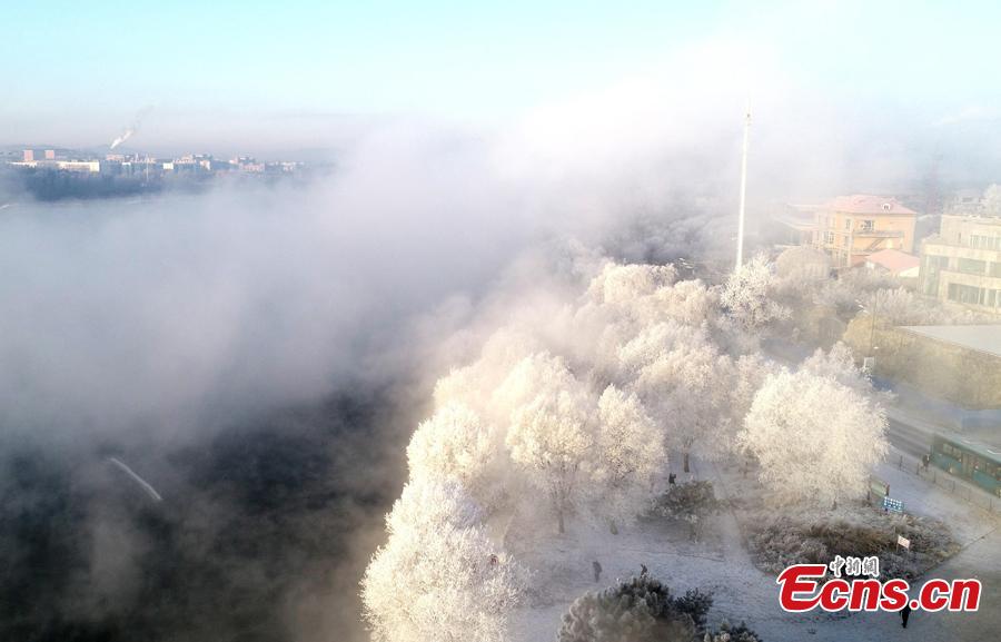 Photo taken on Dec. 12, 2018 shows breathtaking rime scenery along the Songhua River in Jilin City, Jilin Province. （Photo; China News Service/Zhang Yao）