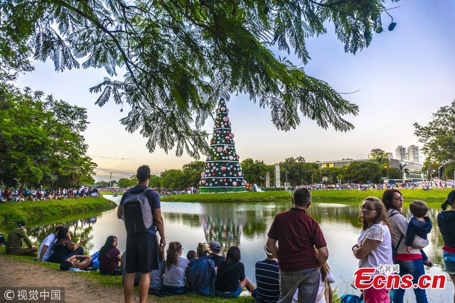 What is it like to spend Christmas in summer? On December 10, people in San Paulo, Brazil, were seen enjoying the view of a huge Christmas tree. Located in the city’s Ibirapuera Park, the tree stands 43 meters high and 15 meters wide. (Photo/VCG)