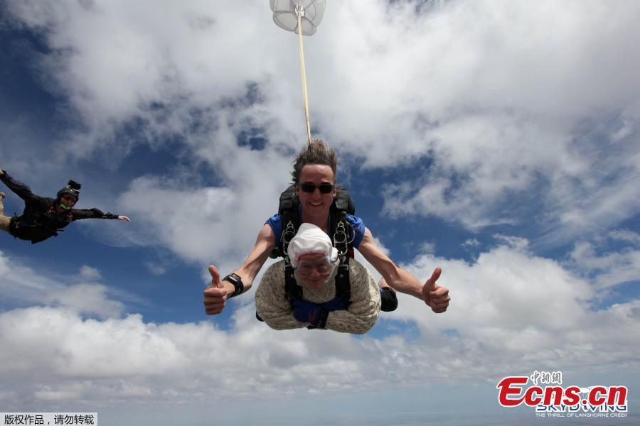 Irene O\'Shea takes part in skydive with jump instructor Jed Smith above Langhorne Creek, Australia on December 9, 2018. (Photo/Agencies)  


A 102-year-old great-grandmother is believed to have become the world’s oldest skydiver after plunging 14,000 feet (4,300 metres) through the South Australian sky. Irene O’Shea first skydived on her 100th birthday, and has been jumping every year since. This was the second year she was skydiving to raise awareness for motor neuron disease which claimed her daughter’s life 10 years ago.