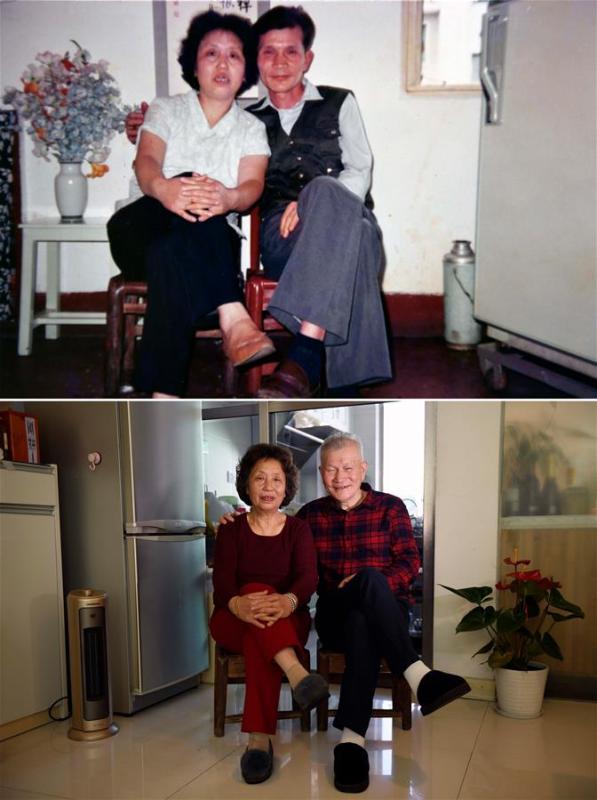 The upper part of this combo photo taken in 1992 shows 50-year-old Qian Zhenghua posing for a photo with his 44-year-old wife Yang Jiamei in a small dormitory room provided by his work unit in Changsha, capital of central China\'s Hunan Province. The fridge standing in the small dormitory room was second-hand. The lower part of the combo photo taken by Li Ga on Nov. 28, 2018 shows 76-year-old Qian Zhenghua and his 70-year-old wife posing for a photo at their own 200-square-meter duplex apartment with modern appliances in Changsha. This year marks their golden (50 years) wedding anniversary. (Xinhua)