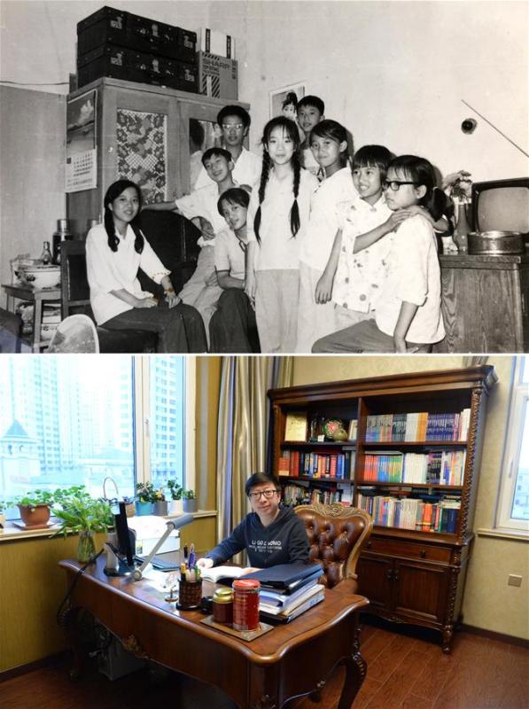 The upper part of this combo photo taken in 1982 shows 13-year-old Sun Guangzhi (2nd L) posing for a group photo with his siblings in Harbin, northeast China\'s Heilongjiang Province. At that time Sun Guangzhi\'s family lived in a 40-square-meter apartment. Sun had no room of his own. The lower part of the combo photo taken by Wang Kai on Nov. 29, 2018 shows 49-year-old Sun Guangzhi in his own study in Harbin. Sun Guangzhi is now a foreign language teacher at Heilongjiang University and lives in his 120-square-meter apartment with a spacious study. (Xinhua)