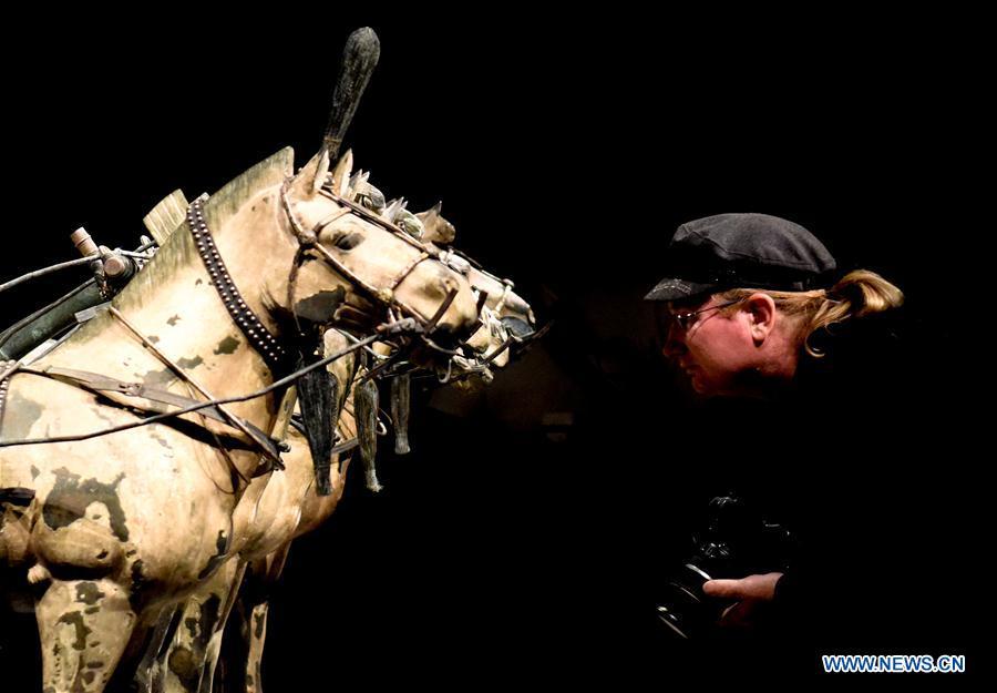 A visitor views the exhibits during the exhibition Terracotta Warriors: Guardians of Immortality at the National Museum of New Zealand in Wellington, New Zealand, on Dec. 15, 2018. The landmark exhibition of Terracotta Warriors: Guardians of Immortality opened to public on Saturday at the National Museum of New Zealand. The exhibition features eight warriors standing 180 cm tall, and two full-size horses from the famous terracotta army, as well as two half-size replica bronze horse-drawn chariots. Also on display are more than 160 exquisite works of ancient Chinese art made from gold, jade and bronze. \