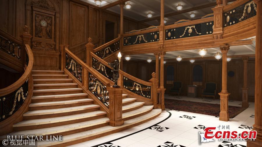 Australian billionaire Clive Palmer said work has resumed on a stalled project to build a replica of Titanic. The Titanic II is set to make its two-week maiden voyage in 2022. The ship will follow the original journey, carrying passengers from Southampton to New York. Features of the original ship, such as its grand staircase, were incorporated into early designs. (Photo/Blue Star Line)