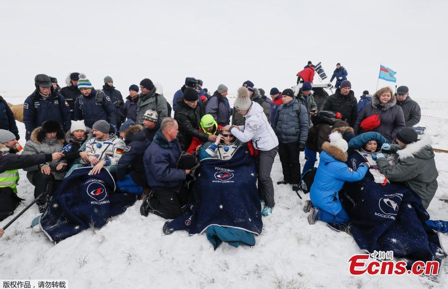 The International Space Station (ISS) crew members Serena Aunon-Chancellor of the U.S., Alexander Gerst of Germany and Sergey Prokopyev of Russia rest after the landing of the Soyuz MS-09 capsule in a remote area near the town of Zhezkazgan, formerly known as Dzhezkazgan, Kazakhstan, Dec. 20, 2018. Soyuz MS-09 with its three-person crew returned to Earth after more than 6 months in orbit on the International Space Station.  The Soyuz MS-09 vehicle rose to high public profile in August when a hole that resulted in a small atmospheric leak aboard the Station was discovered in its Orbital Module.  (Photo/Agencies)