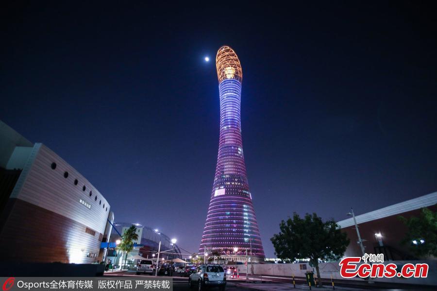 Photo taken on Dec. 20, 2018 shows the Aspire Tower, also known as the Torch Doha, a 300-metre-tall skyscraper hotel located in the Aspire Zone complex in Doha, Qatar. Chinese men\'s national soccer team players have arrived at the hotel to warm up for the upcoming 2019 AFC Asian Cup. (Photo/Osports)