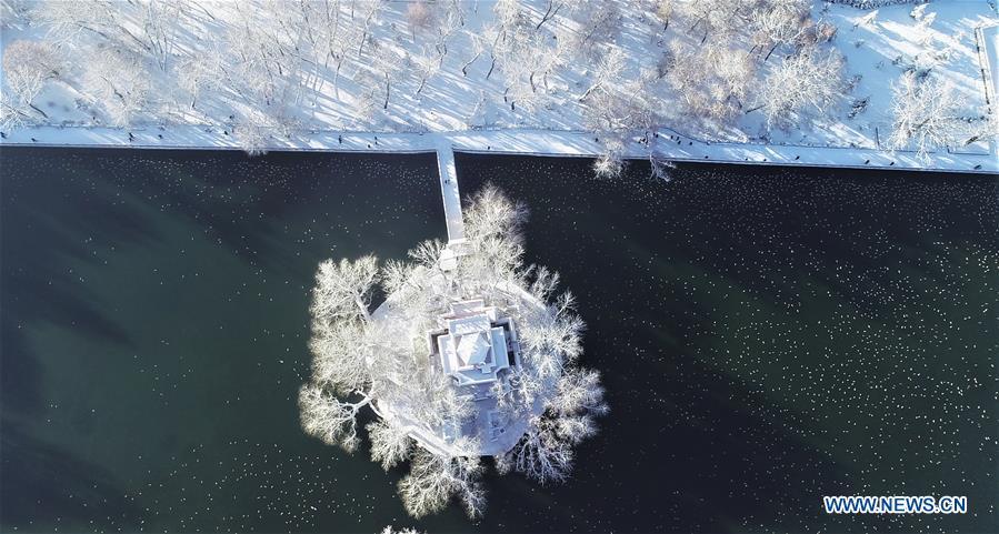 Aerial photo shows the view of a snow-covered park in Lhasa, capital of southwest China\'s Tibet Autonomous Region, Dec. 19, 2018. Lhasa witnessed the first snow this winter on Tuesday. (Xinhua/Purbu Zhaxi)
