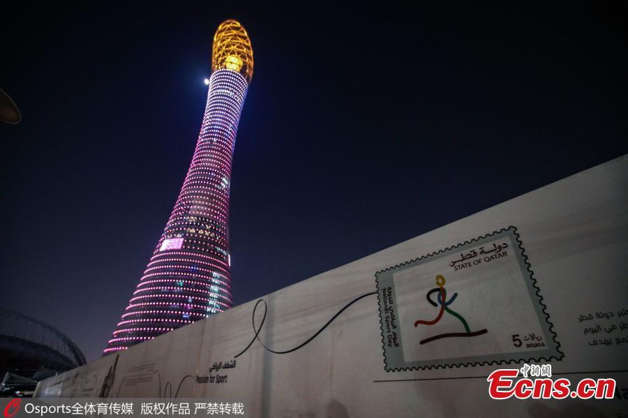 Photo taken on Dec. 20, 2018 shows the Aspire Tower, also known as the Torch Doha, a 300-metre-tall skyscraper hotel located in the Aspire Zone complex in Doha, Qatar. Chinese men\'s national soccer team players have arrived at the hotel to warm up for the upcoming 2019 AFC Asian Cup. (Photo/Osports)