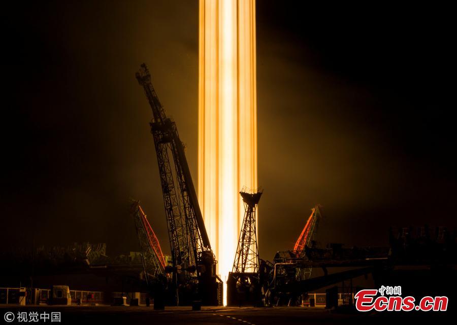 The Soyuz MS-08 spacecraft carrying the crew of astronauts Drew Feustel and Ricky Arnold of the U.S. and crewmate Oleg Artemyev of Russia blasts off to the International Space Station (ISS) from the launchpad at the Baikonur Cosmodrome, Kazakhstan, March 21, 2018. (Photo/Agencies