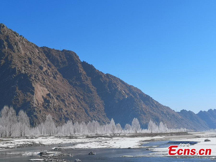 The rime scenery along the Yarlung Zangbo River after the first big snow this winter hit Southwest China\'s Tibet Autonomous Region. (Photo: China News Service/Zhao Lang)