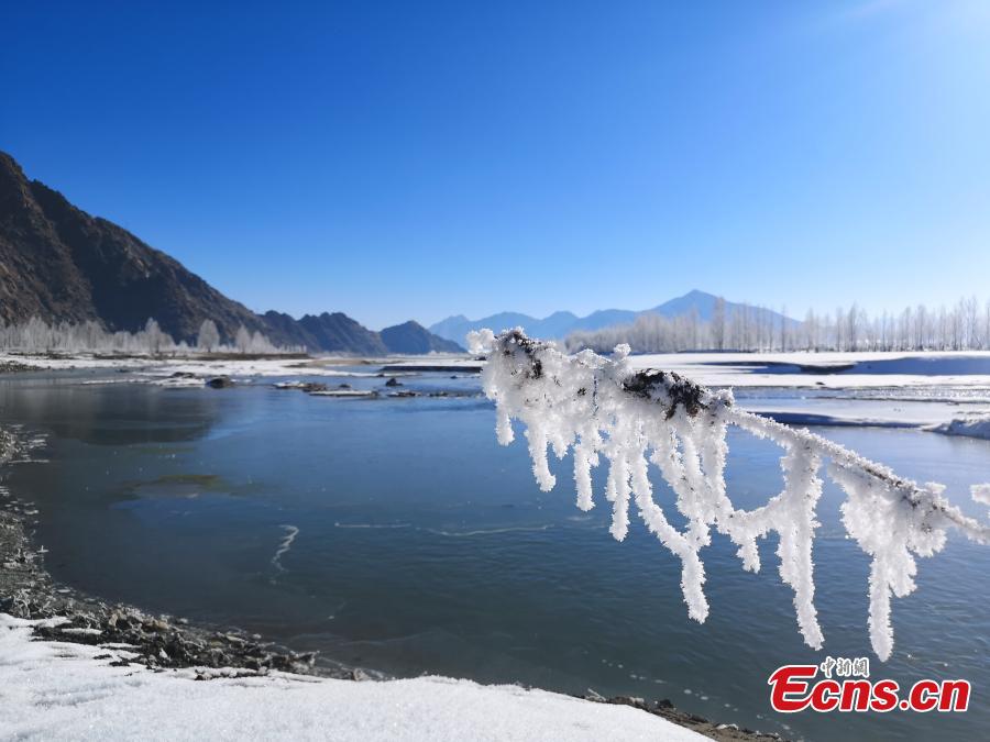 The rime scenery along the Yarlung Zangbo River after the first big snow this winter hit Southwest China\'s Tibet Autonomous Region. (Photo: China News Service/Zhao Lang)