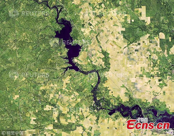 A false-color image from Operational Land Imager (OLI) on the Landsat 8 satellite shows flooding along the Nueces River after a historic amount of rain from the remnants of Hurricane Willa in central Texas, Nov. 1, 2018. (Photo/Agencies)