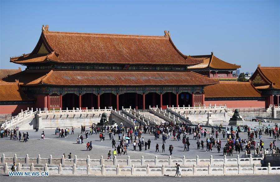Tourists visit the Palace Museum in Beijing, capital of China, Oct. 7, 2018. The Palace Museum, or the former imperial palace in downtown Beijing, will open 85 percent of its areas to the public, compared with the current 80 percent, the China Daily reported Friday. Most of the areas inside the museum, also known as the Forbidden City, will no longer be off-limits for the public, the newspaper quoted Shan Jixiang, the museum\'s curator, as saying. The biggest of its kind in the world, the Forbidden City is gradually opening more of its coverage of 720,000 square meters to visitors in recent years. Only 30 percent of its areas were accessible by the public in 2012. Some rooms that had not been opened for decades were used as \