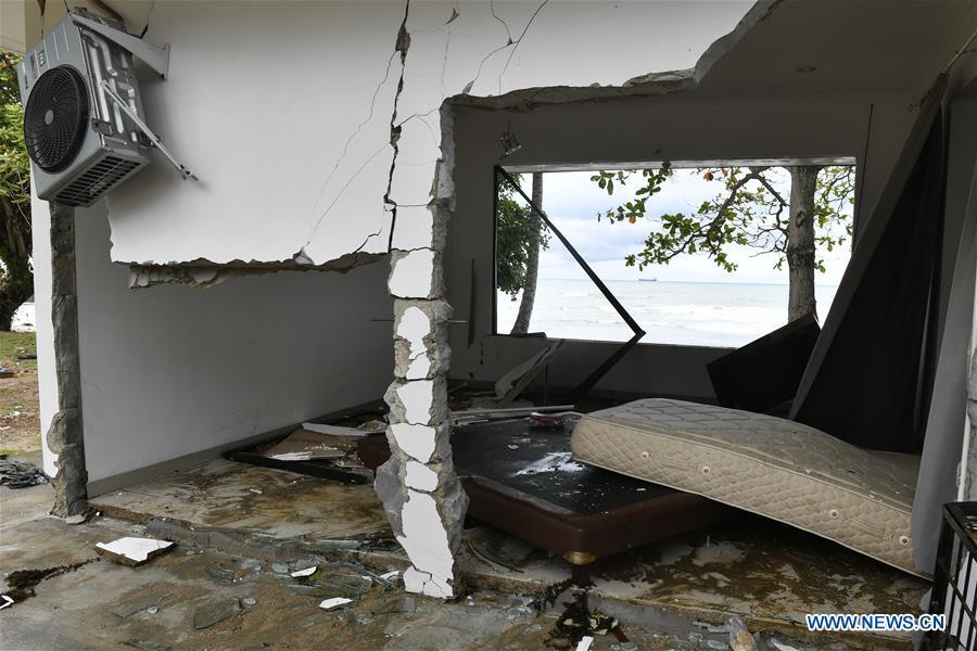 A hotel room is damaged near the beach in Carita after a tsunami hit Sunda Strait in Pandeglang, Banten province, in Indonesia, Dec. 23, 2018. The total casualty of a tsunami triggered by the eruption of Krakatau Child volcano has increased to 222 people in coastal areas of Sunda Strait of western Indonesia, disaster agency official said here on Sunday. The catastrophe killed at least 222 people, wounded at least 843 ones and collapsed a total of 556 houses and nine hotels, and caused damages to scores of ships. (Xinhua/Veri Sanovri)