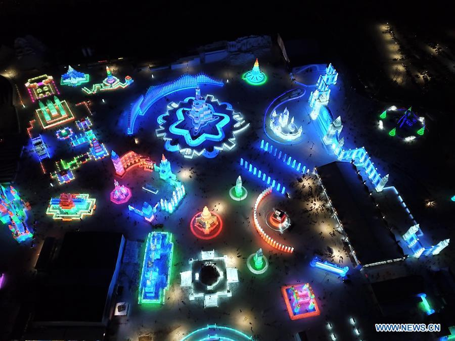 Aerial photo shows a view of the Ice-Snow World in Harbin, capital of northeast China\'s Heilongjiang Province, Dec. 23, 2018. The Ice-Snow World opened on Sunday in Harbin. Covering an area of 600,000 square meters, the park used 110,000 cubic meters of ice and 120,000 cubic meters of snow this year. (Xinhua/Wang Song)