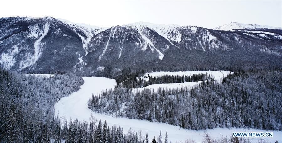 Photo taken on Dec. 23, 2018 shows a winter view of Kanas scenic area, northwest China\'s Xinjiang Uygur Autonomous Region. (Xinhua/Han Yuqing)