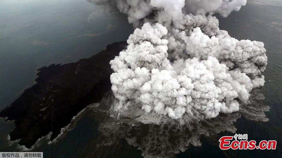 An aerial view of the Anak Krakatau volcano was captured by photographer Antara Foto during an eruption in South Lampung, Indonesia on Sunday. A tsunami struck beaches around the Sunda Strait on Saturday night causing 429 deaths, official said. (Photo/Agencies)