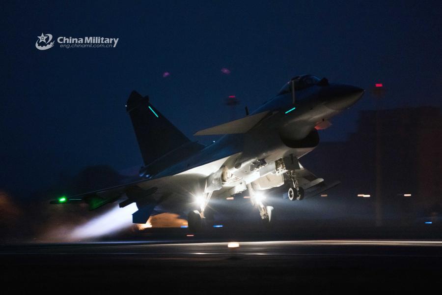 A J-10 fighter jet attached to an aviation brigade of the air force under the PLA Northern Theater Command takes off from a military airfield during a recent night flight training exercise.  (Photo/eng.chinamil.com.cn)