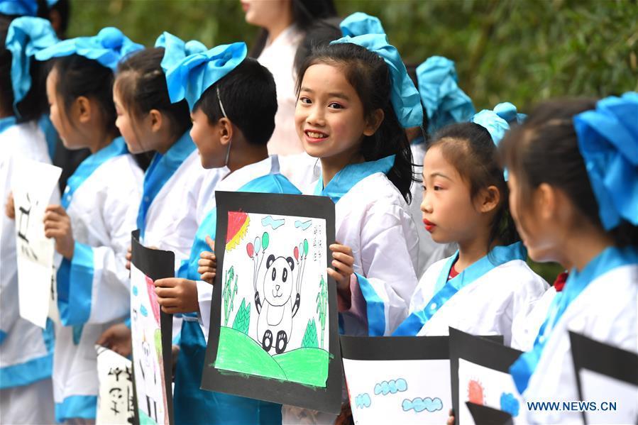 Children present birthday cards for giant panda \