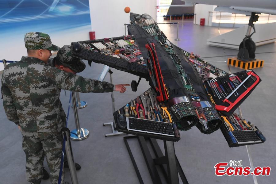 A aircraft model made using old components is on display at the Hunan Aviation Museum at the Changsha Aeronautical Vocational and Technical College in Changsha City, Central China’s Hunan Province. The museum showcases aviation equipment, aviation technology and culture. It is also the national defense education base of Hunan. (Photo: China News Service/Yang Huafeng)