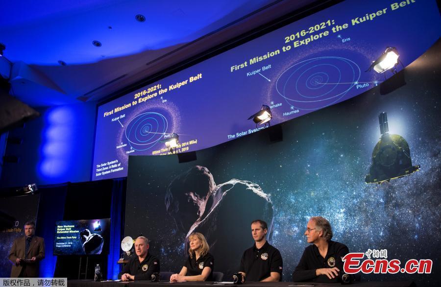 A new image of Ultima Thule, (Right) is displayed during a press conference after the New Horizons team received confirmation from the spacecraft has completed a flyby of Ultima Thule, Jan. 1, 2019, at the APL in Laurel, Maryland. The spacecraft survived the most distant exploration of another world, a tiny, icy object 4 billion miles away that looks to be shaped like a peanut or bowling pin. (Photo/Agencies)