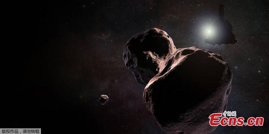 An artist\'s illustration of NASA\'s New Horizons spacecraft as it flies by Ultima Thule (2014 MU69) in the Kuiper Belt beyond Pluto on Jan. 1, 2019. The U.S. space agency\'s New Horizons probe has made contact with Earth to confirm its successful flyby of the icy world known as Ultima Thule. (Photo/Agencies)