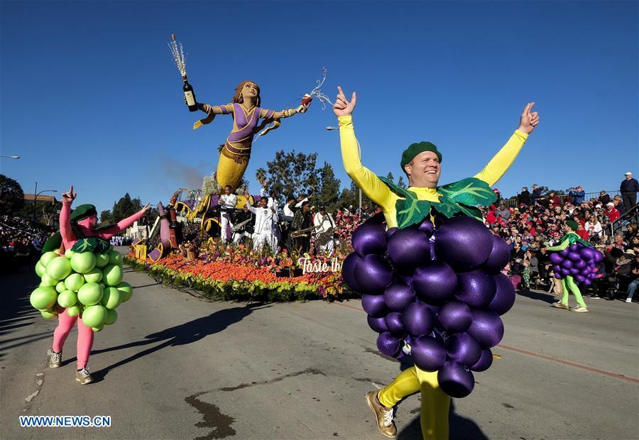 A float moves along Colorado Boulevard during the 130th Rose Parade in Pasadena, California, the United States, on Jan. 1, 2019. (Xinhua/Zhao Hanrong)