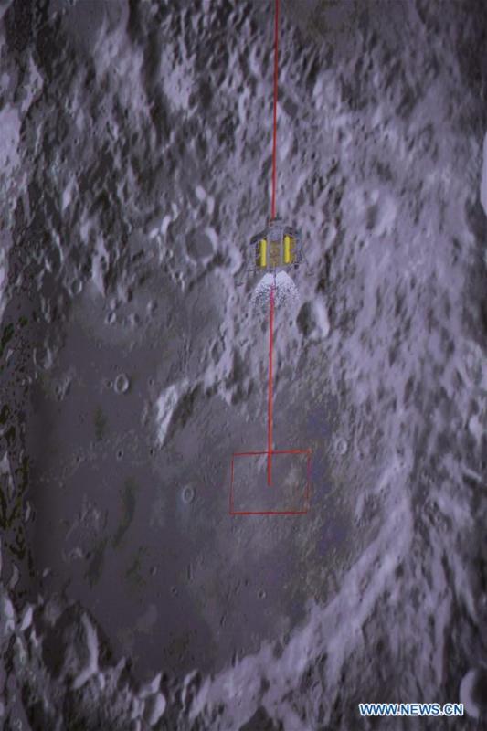 A simulated landing process of Chang\'e-4 lunar probe is seen through the monitor at Beijing Aerospace Control Center in Beijing, capital of China, Jan. 3, 2019. China\'s Chang\'e-4 probe touched down on the far side of the moon Thursday, becoming the first spacecraft soft-landing on the moon\'s uncharted side never visible from Earth. The probe, comprising a lander and a rover, landed at the preselected landing area on the far side of the moon at 10:26 a.m. Beijing Time (0226 GMT), the China National Space Administration announced. (Xinhua/Jin Liwang)