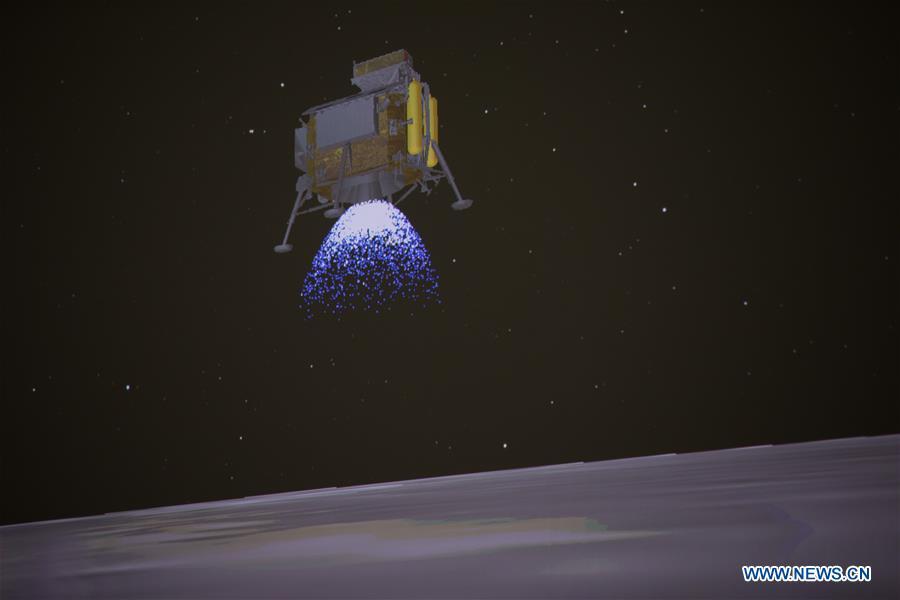 A simulated landing process of Chang\'e-4 lunar probe is seen through the monitor at Beijing Aerospace Control Center in Beijing, capital of China, Jan. 3, 2019. China\'s Chang\'e-4 probe touched down on the far side of the moon Thursday, becoming the first spacecraft soft-landing on the moon\'s uncharted side never visible from Earth. The probe, comprising a lander and a rover, landed at the preselected landing area on the far side of the moon at 10:26 a.m. Beijing Time (0226 GMT), the China National Space Administration announced. (Xinhua/Jin Liwang)