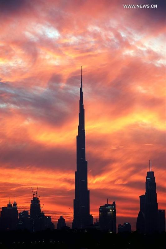 Photo taken on Jan. 2, 2019 shows the Burj Khalifa at sunset in Dubai, the United Arab Emirates (UAE). (Xinhua/Mahmoud Khaled)