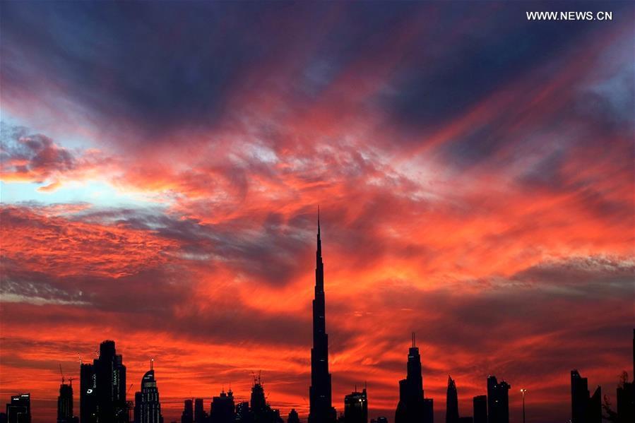 Photo taken on Jan. 2, 2019 shows the Burj Khalifa at sunset in Dubai, the United Arab Emirates (UAE). (Xinhua/Mahmoud Khaled)