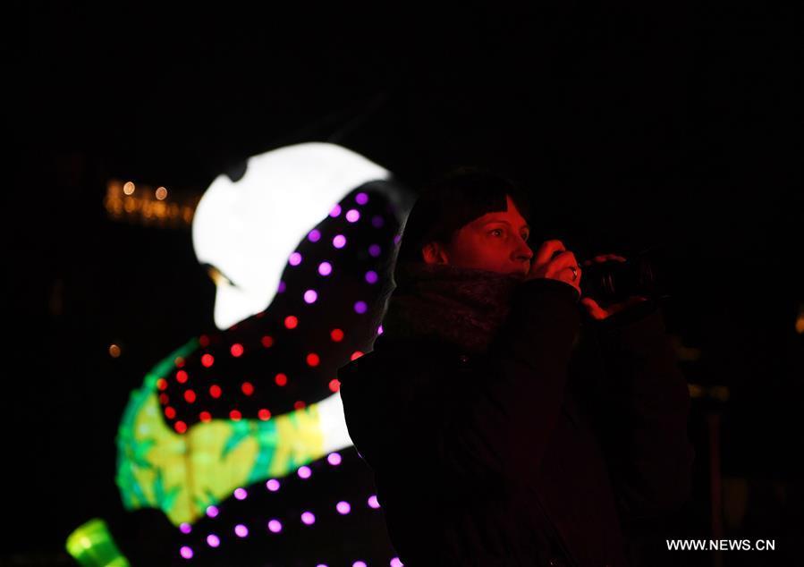 A woman takes photos during China Light Festival at Cologne Zoo in Cologne, Germany, on Jan. 3, 2019. The festival is held here presenting more than 50 lights from Dec. 8, 2018 to Jan. 20, 2019. (Xinhua/Lu Yang)
