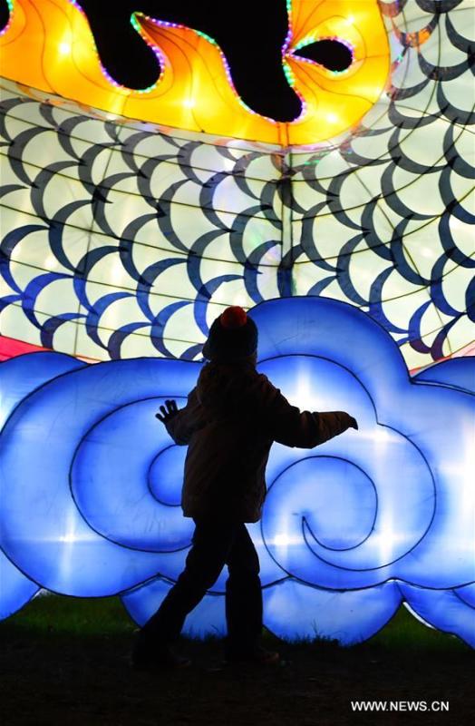 A child is silhouetted against a light during China Light Festival at Cologne Zoo in Cologne, Germany, on Jan. 3, 2019. The festival is held here presenting more than 50 lights from Dec. 8, 2018 to Jan. 20, 2019. (Xinhua/Lu Yang)