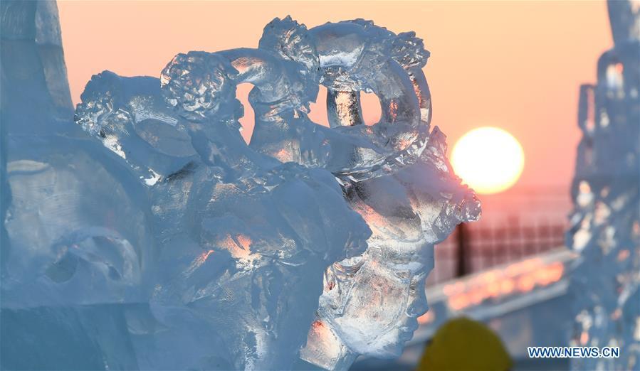 Photo taken on Jan. 3, 2019 shows a part of an ice sculpture during an international ice sculpture competition in Harbin, capital of northeast China\'s Heilongjiang Province. (Xinhua/Wang Song)