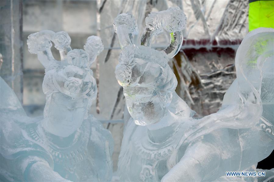 Photo taken on Jan. 3, 2019 shows a part of an ice sculpture during an international ice sculpture competition in Harbin, capital of northeast China\'s Heilongjiang Province. (Xinhua/Wang Song)