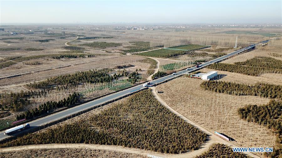 Photo taken on Dec. 8, 2018 shows a forestation site in Xiongan New Area, north China\'s Hebei Province. China\'s central authorities have approved the 2018-2035 master plan for Xiongan New Area, stressing that its creation is significant to high-quality development and the building of the modern economic system. The plan was approved by the Central Committee of the Communist Party of China (CPC) and the State Council. The master plan is the fundamental guideline for the development, construction and management of the Xiongan New Area and should be strictly implemented, according to the approval released on Wednesday. The plan also lists overall development goals for the new area. By 2035, Xiongan will basically develop into a modern city that is green, intelligent and livable, with relatively strong competitiveness and harmonious human-environment interaction. (Xinhua/Mu Yu)