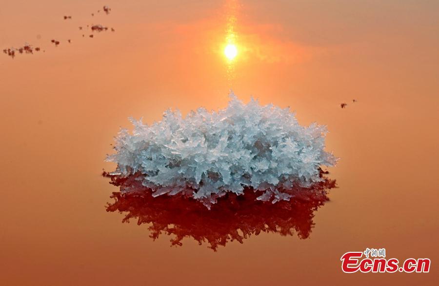 A view of the scenery of mirabilite rime on the Salt Lake in Yuncheng City, North China\'s Shanxi Province, Jan. 2, 2019. Mirabilite rime is formed when mirabilite crystalizes at low temperatures in the inland saltwater lake, formed about 500 million years ago and known as “China’s Dead Sea.” (Photo: China News Service/Jiang Hua)
