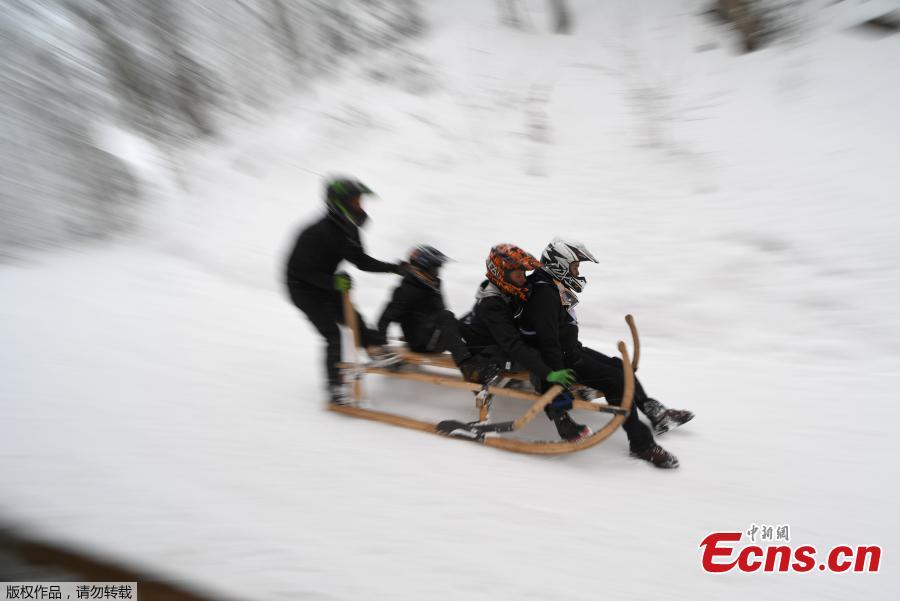 Participants of the 50th horn sled competition race down the mountain and fall off their sledge in the Bavarian town of Garmisch-Partenkirchen, Germany, Jan. 6, 2019. (Photo/Agencies)