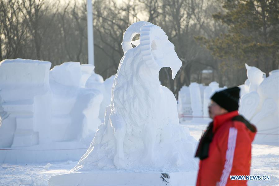 Photo taken on Jan. 6, 2019 shows a snow sculpture at the Sun Island International Snow Sculpture Art Expo park in Harbin, northeast China\'s Heilongjiang Province. The four-day snow sculpture competition of college students attracted over 70 participants from 17 colleges across China. (Xinhua/Wang Song)