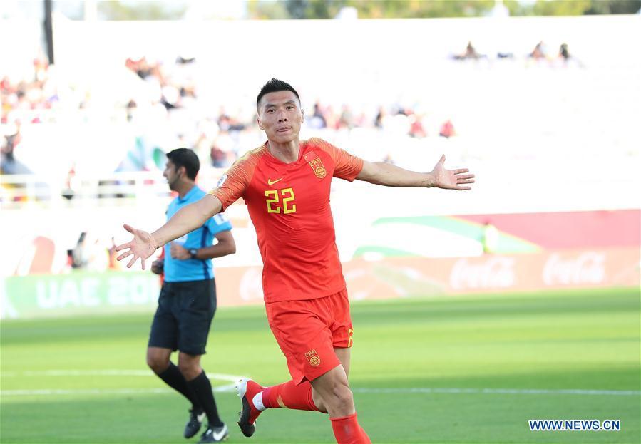 Yu Dabao (front) of China celebrates scoring during the group C match between China and Kyrgyz Republic of the AFC Asian Cup UAE 2019 in Al Ain, the United Arab Emirates (UAE), on Jan. 7, 2019. China won 2-1. (Xinhua/Cao Can)