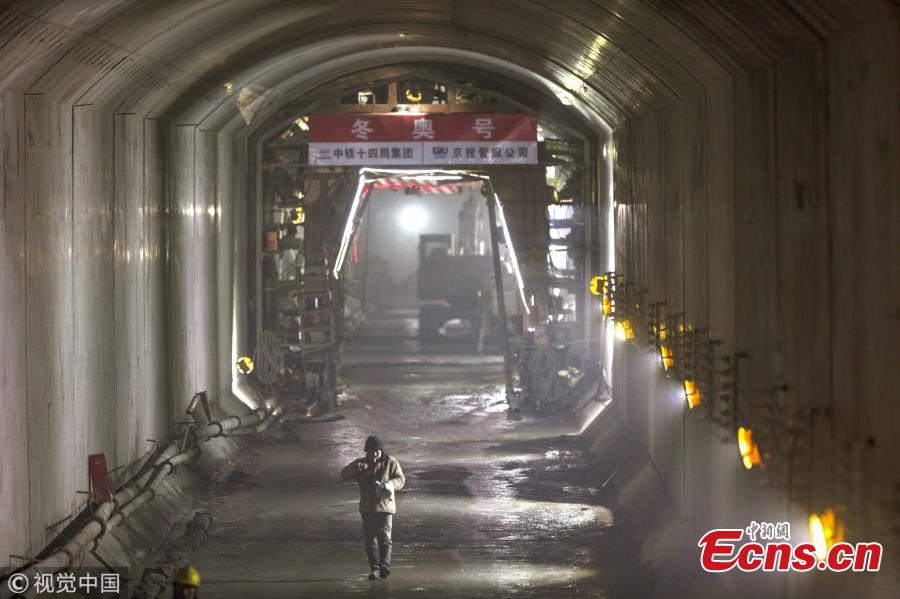 A view of the newly-constructed underground utility tunnel that will service the Beijing 2022 Winter Olympics venue in Yanqing District, Beijing, Jan. 7, 2019. The corridor, which passes through a mountain, including electricity, water supply pipes, and TV and communications cables. (Photo/VCG)