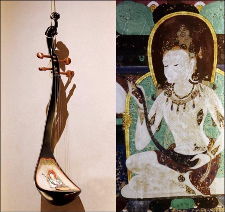 A four-stringed instrument is seen in a mural in the No 465 Cave of the Mogao Grottoes. (Photo/chinadaily.com.cn)

An exhibition of ancient musical instruments featured in the murals of UNESCO World Heritage site the Mogao Grottoes is being held in Lanzhou, Northwest China\'s Gansu Province. Let\'s take a look at them.