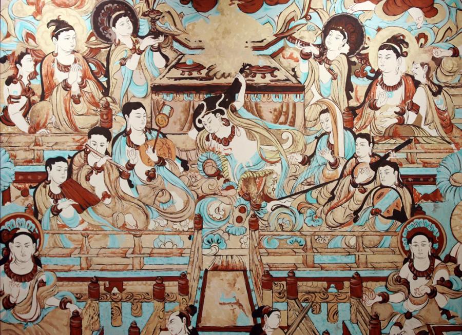 An oil painting by a Russian artist features a figure in the center playing pipa from behind his back, inspired by a mural in the No 112 Cave of the Mogao Grottoes. (Photo/chinadaily.com.cn)