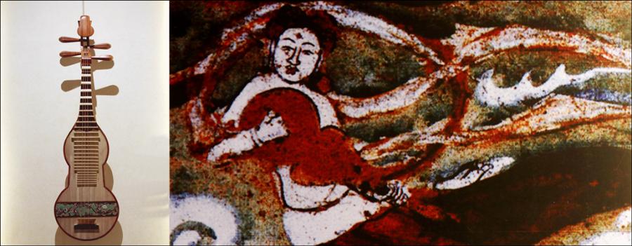 A gourd-shaped string instrument is seen in a mural in the No 322 Cave of the Mogao Grottoes. (Photo/chinadaily.com.cn)