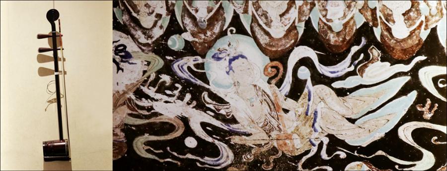 Huqin, a traditional stringed instrument, is seen in a mural in the Yulin Cave of the Mogao Grottoes. (Photo/chinadaily.com.cn)