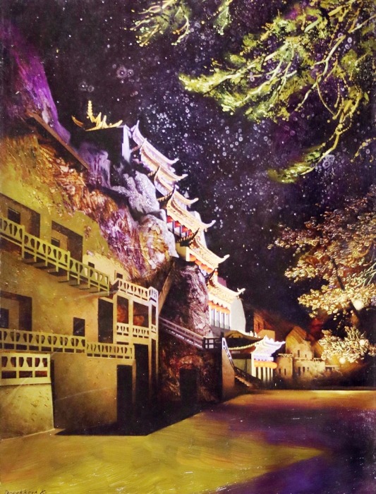 Stars shimmer in the night sky in this oil painting by a Russian artist of the Mogao Grottoes in Dunhuang, Northwest China\'s Gansu Province. (Photo/chinadaily.com.cn)