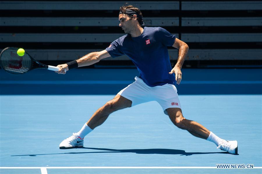 Roger Federer of Switzerland attends a training session ahead of 2019 Australian Open at Melbourne Park in Melbourne, Australia, on Jan. 8, 2019. Australian Open Tennis Tournament will take place from Jan. 14 to 27. (Xinhua/Bai Xue)