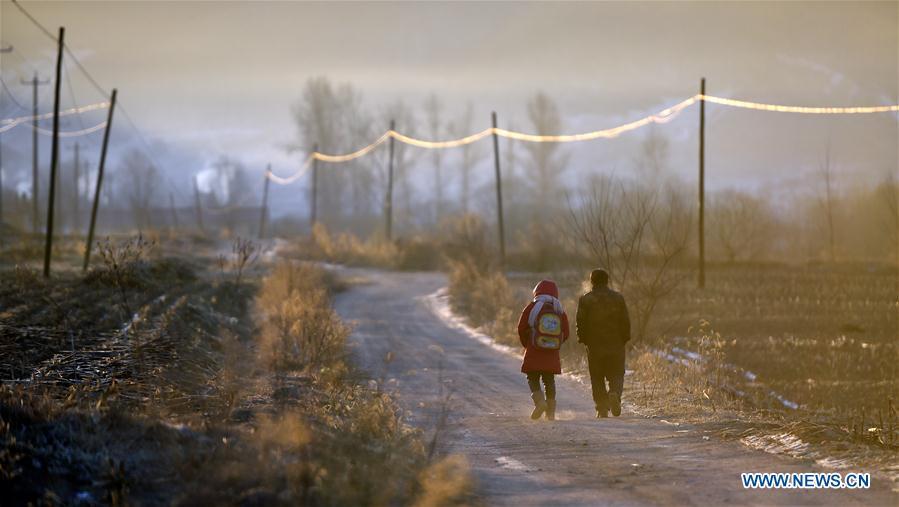 Hu Zhisheng and his student Sun Xiaofeng walk to school in Yantai Village of Lianhua Township in Tieling City, northeast China\'s Liaoning Province, Jan. 8, 2019. Located in a remote mountain village, most students of Yantai school had transferred to other places outside the mountain. Sun Xiaofeng, a third grade student, became the only student of the school in September last year taught by Hu Zhisheng, the only one faculty of Yantai primary school. (Xinhua/Yao Jianfeng)