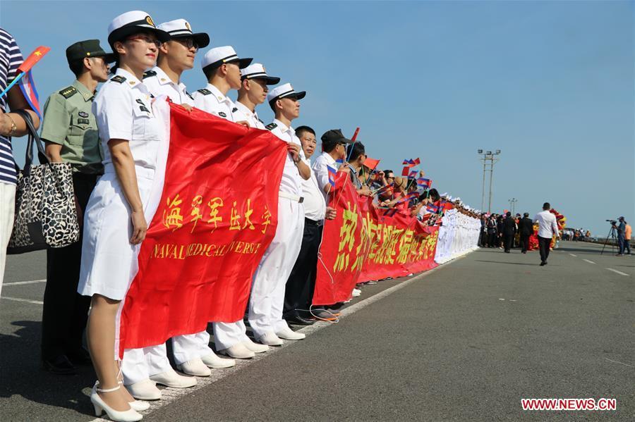 People welcome the 30th fleet of Chinese navy escort at Sihanoukville Autonomous Port, Cambodia, Jan. 9, 2019. The 30th Chinese naval escorting fleet, composed of missile frigates \