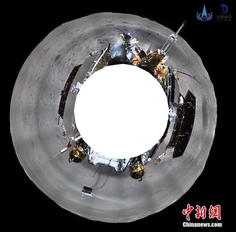 A panoramic photo taken by a topographic camera installed on China\'s Chang\'e-4 lunar probe. China\'s Chang\'e-4 probe took panoramic photos on the lunar surface after it successfully made the first ever soft-landing on the far side of the moon. The images were sent back via the relay satellite Queqiao, which was operating around the second Lagrangian point of the earth-moon system, about 455,000 km from the earth, where it can see both the earth and the moon\'s far side. (Photo provided by the China National Space Administration)