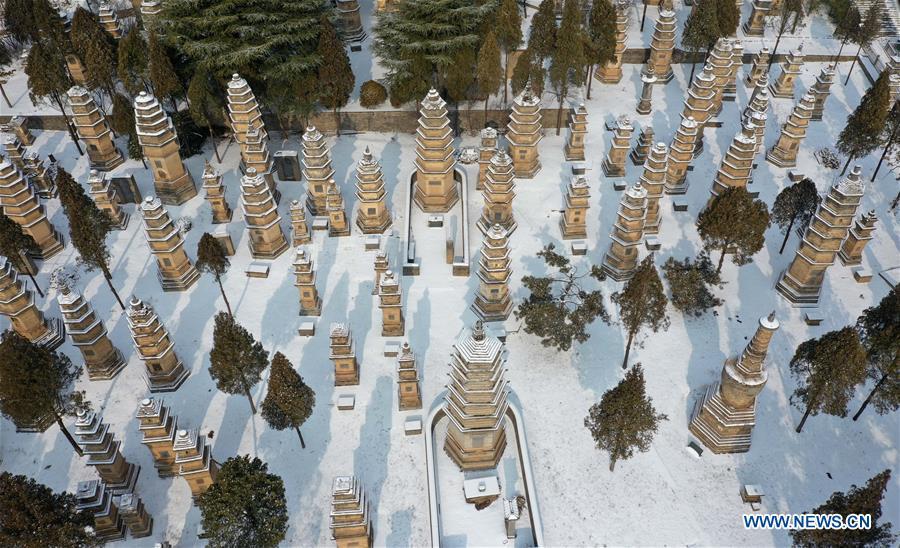 Aerial photo taken on Jan. 10, 2019 shows the snow-covered Pagoda Forest of Shaolin Temple in Dengfeng City, central China\'s Henan Province. (Xinhua/Feng Dapeng)
